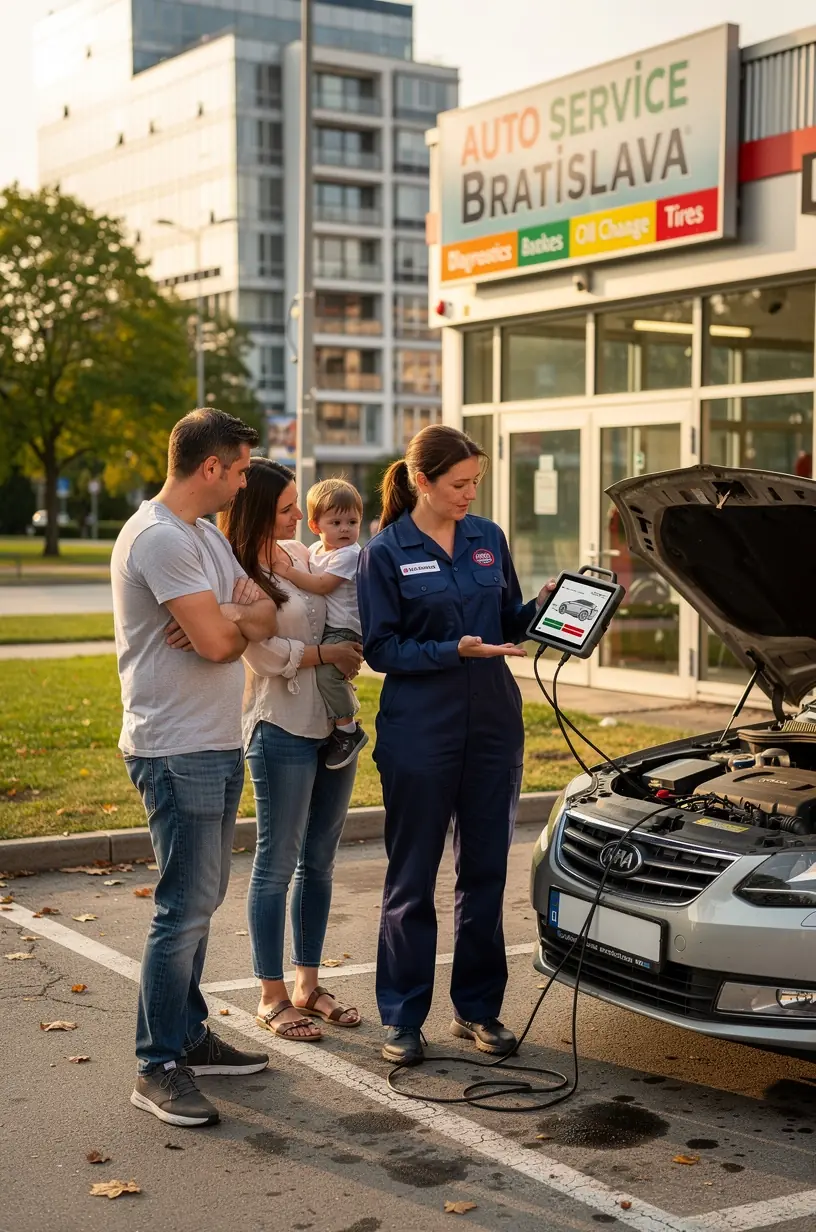 Zákazník konzultujúci rozsah opravy so servisným technikom pri aute.
